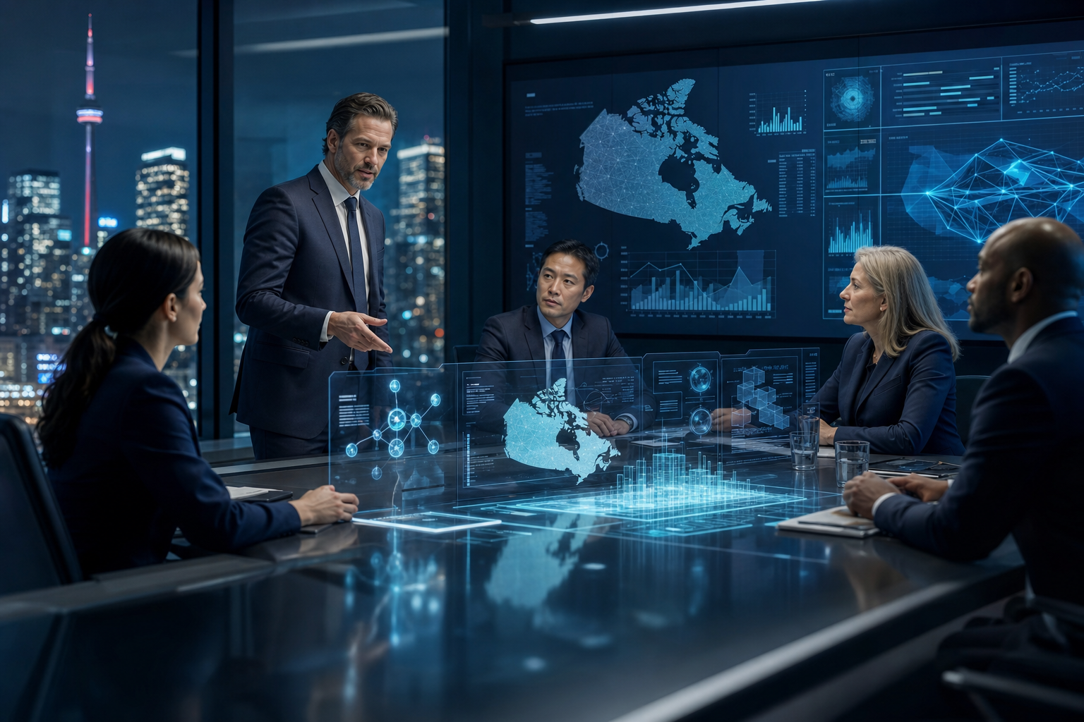 Canadian enterprise leaders reviewing AI governance and operational transformation strategy in a modern boardroom
